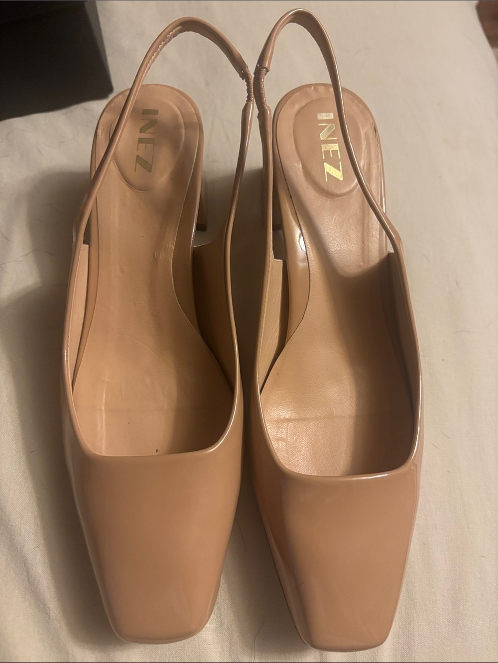 Inez Nude Patent Slingback Block Heel Pumps EUC size 7 with box and dust bag - Picture 5 of 5